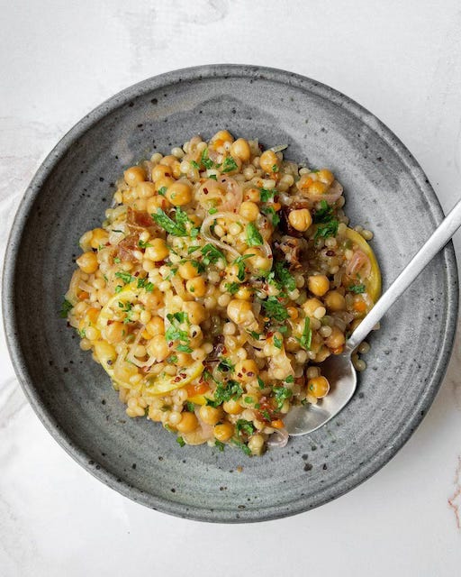One-Pan Date & Lemon Pearled Couscous with Shallots & Chickpeas