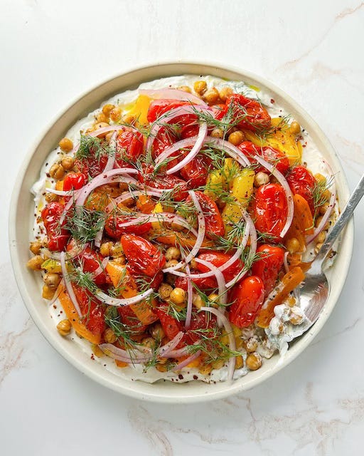 Roasted Chickpeas, Tomatoes, and Peppers over Dill Yogurt