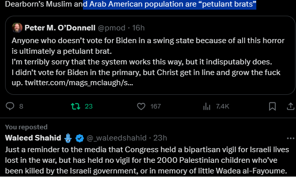 No More White Dems Vote Biden. Democrats now sympathize - empathize more with Palestinians in two-decades. Biden's problem 2024 not only 'petulant brats' muslim-arab