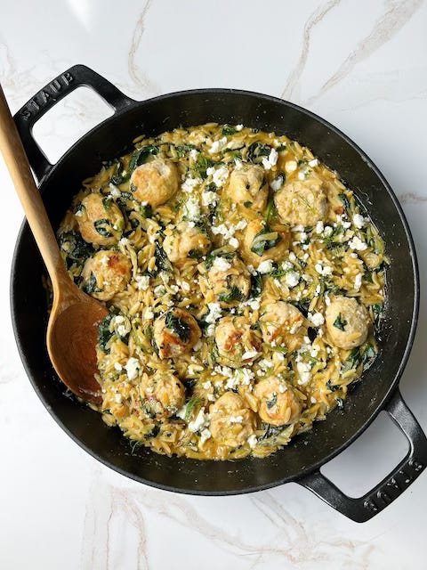 One-Pot Spanakopita Orzo with Lemon Chicken Meatballs