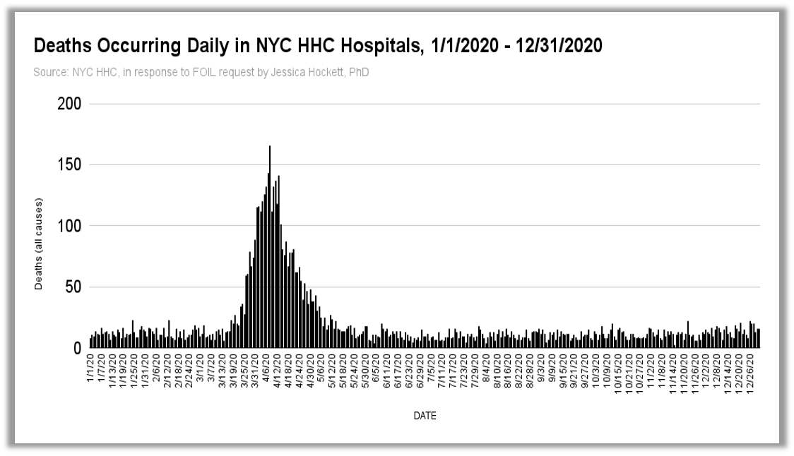 Daily Deaths (All Causes) in New York City Public Hospitals, Jan 1 - Dec 31, 2020