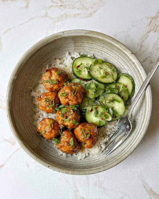 Honey Garlic Meatballs with Coconut Rice & Cucumber Salad