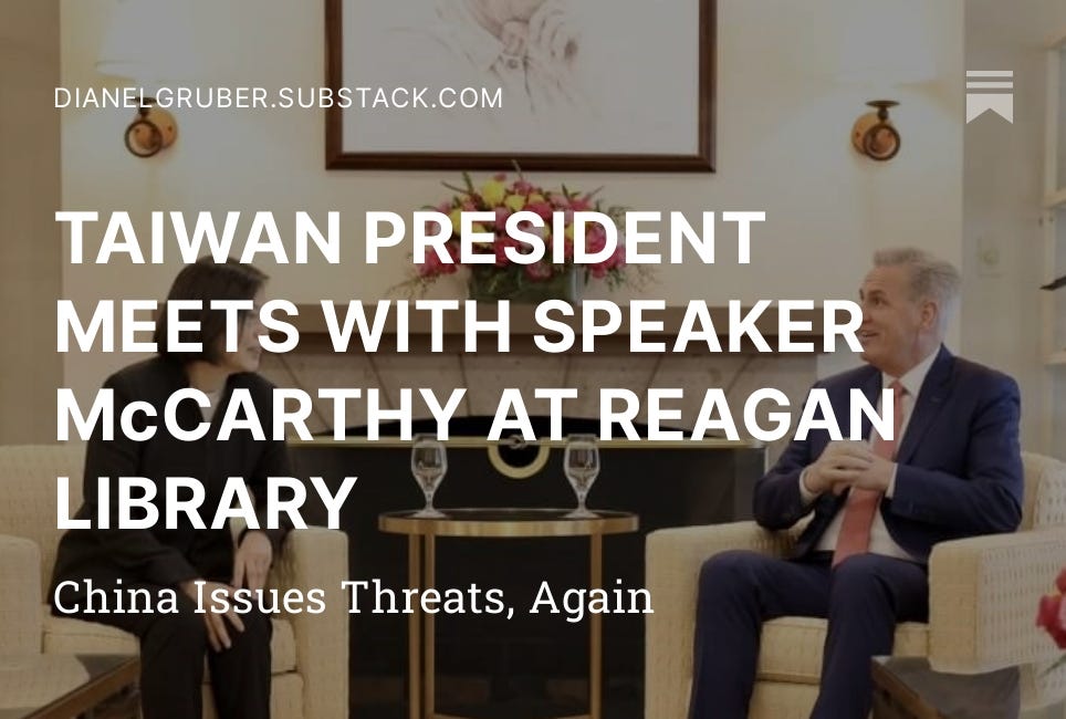 TAIWAN PRESIDENT MEETS WITH SPEAKER McCARTHY AT REAGAN LIBRARY
