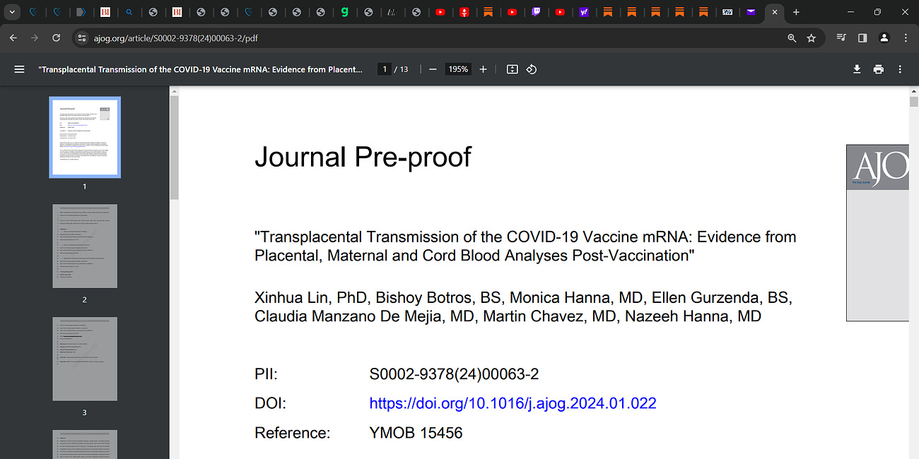 BREAKING: Lin et al. (Hanna) study shows transplacental transmission of the COVID vaccine mRNA: Evidence from Placental, Maternal and Cord Blood Analyses Post-Vaccination; Dr. Jim Thorp comments? 
