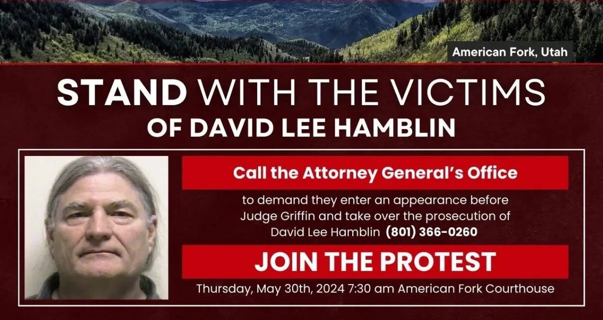 I am organizing a second protest at the courthouse on THURSDAY MAY 30th 2024 at 7:30 AM to demand the Utah vs. Hamblin case be properly adjudicated 