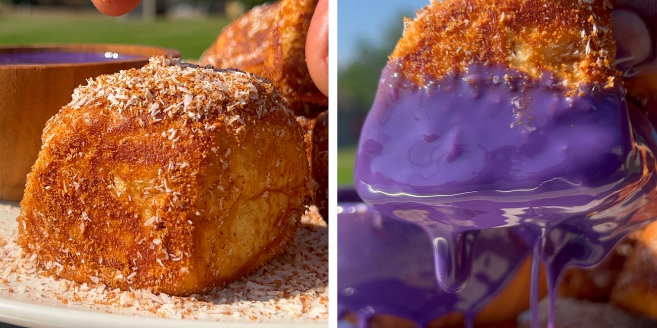 coco-vanilla french toast bites with ube dip
