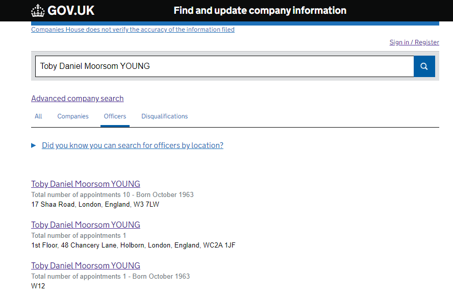 Part 2. Toby Young's multiple identities in Companies House.