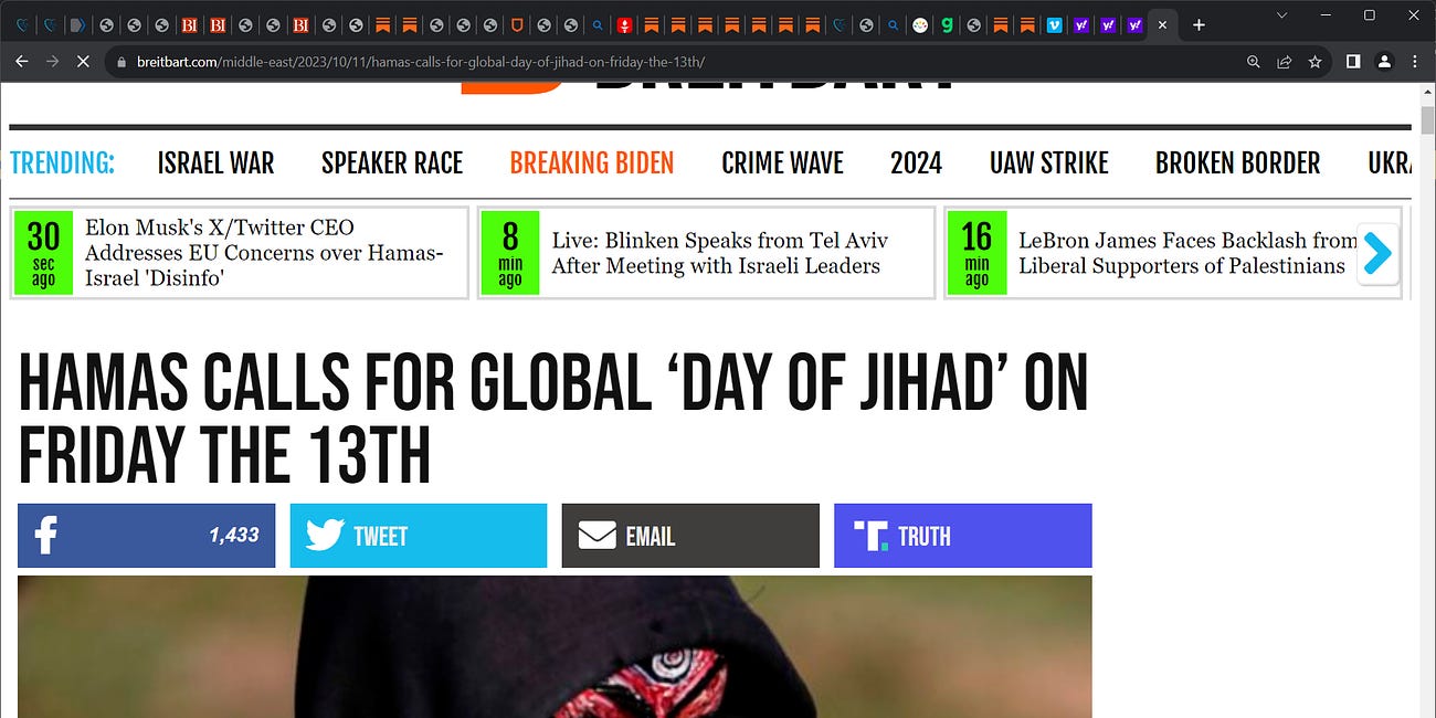 'HAMAS CALLS GLOBAL DAY OF JIHAD' on Friday 13th October (today); Congressional Medal of War winner David Bellavia covered this in WBEN 10 am EST show (on 12th), where HAMAS asking terrorist muslims 