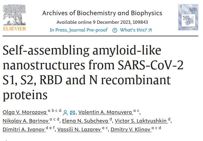 Russian Study Finds Self Assembly Nanoparticles and Nanofibers: "Self-assembling amyloid-like nanostructures from SARS-CoV-2 S1, S2, RBD and N recombinant proteins"