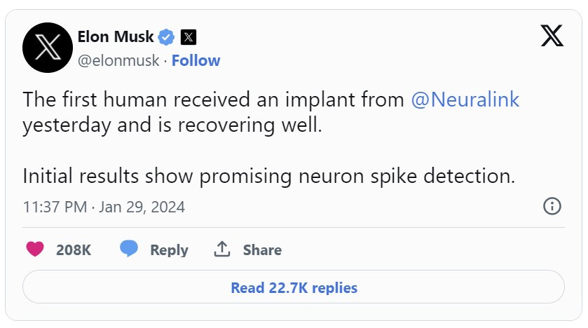 After 8 years of development, Neuralink is in its first human!