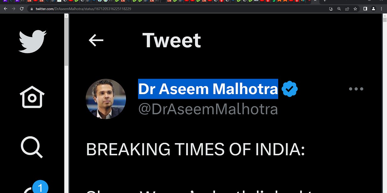  Dr Aseem Malhotra's tweet: Australian top Cricketer 'Shane Warne’s death linked to Covid mRNA vaccine say leading medics' e.g. top cardiologist Aseem Malhotra leans in toward the mRNA technology 