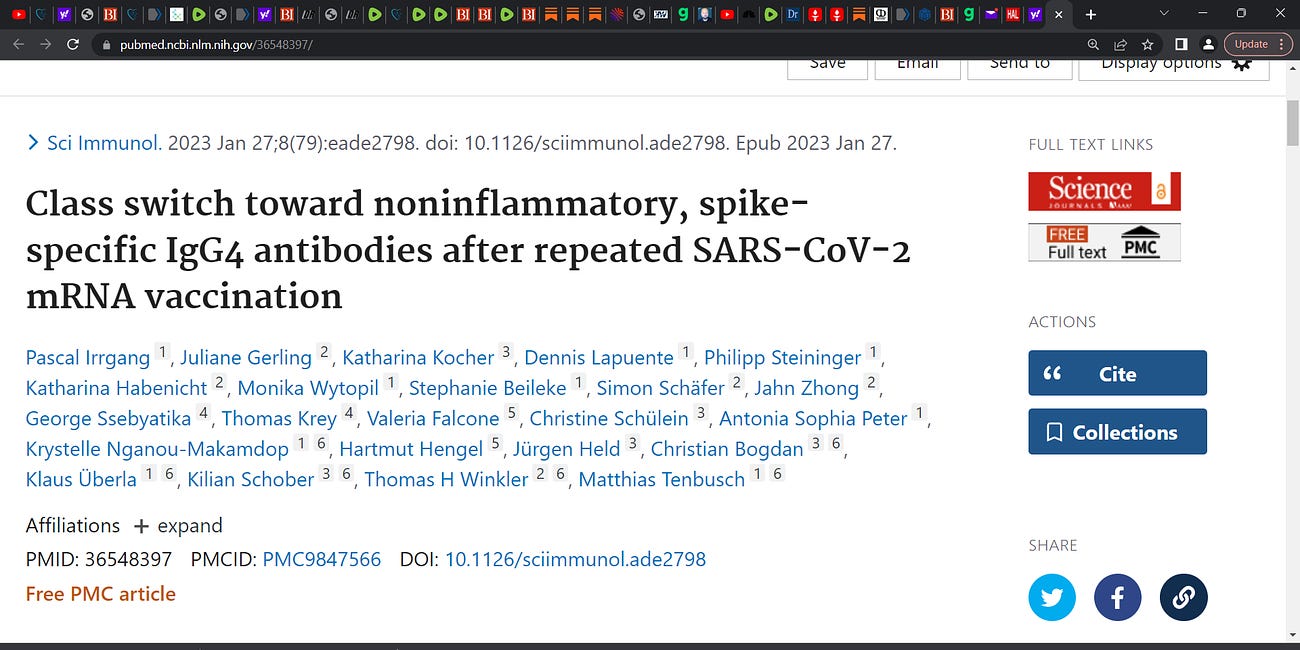 IgG4 'class switch' (Irrgang et al.) toward noninflammatory, spike-specific IgG4 antibodies after repeated COVID mRNA vaccination; a problem for mRNA technology based gene injected vaccinees? YES!  