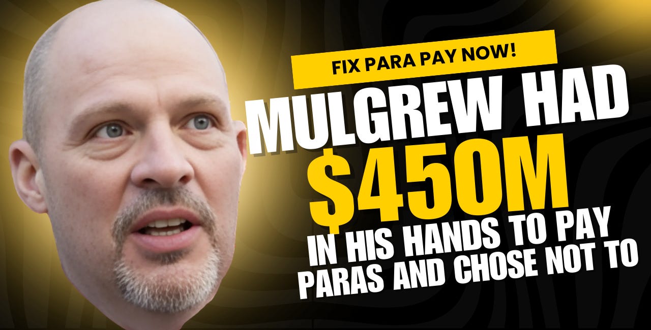 Mulgrew had $450m in his hands to pay paras more and he chose not to! -- With no real plan to FIX PARA PAY, he and his Unity Caucus shift blame to pattern bargaining.