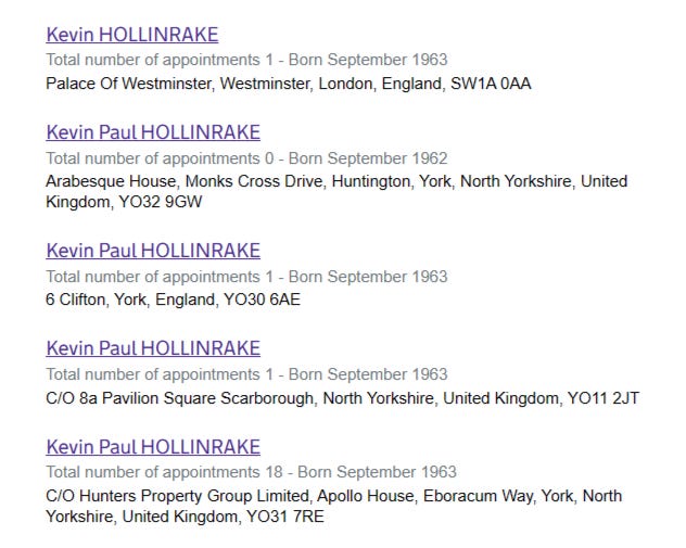 Due diligence on Kevin Hollinrake, MP responsible for Companies House.