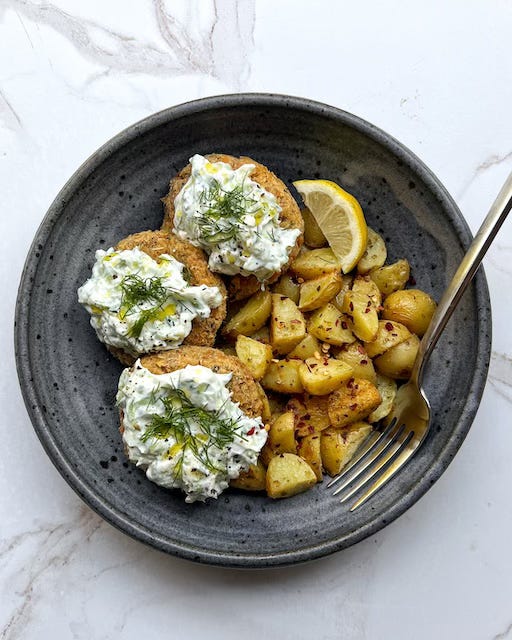 Tzatziki Salmon Burgers with Lemon Potatoes
