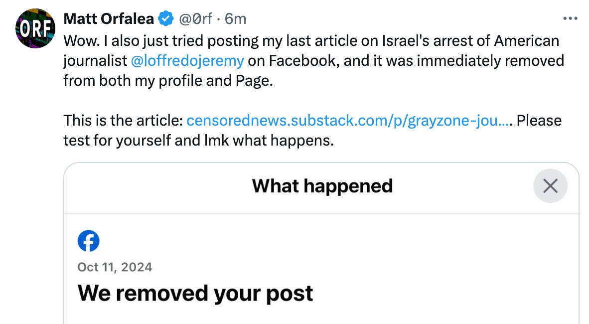 Facebook is Removing My Article on Israel's Arrest of American Journalist Jeremy Loffredo