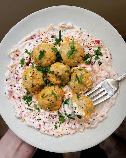 Jalapeño Cheddar Meatballs over Pimento Cheese Spread