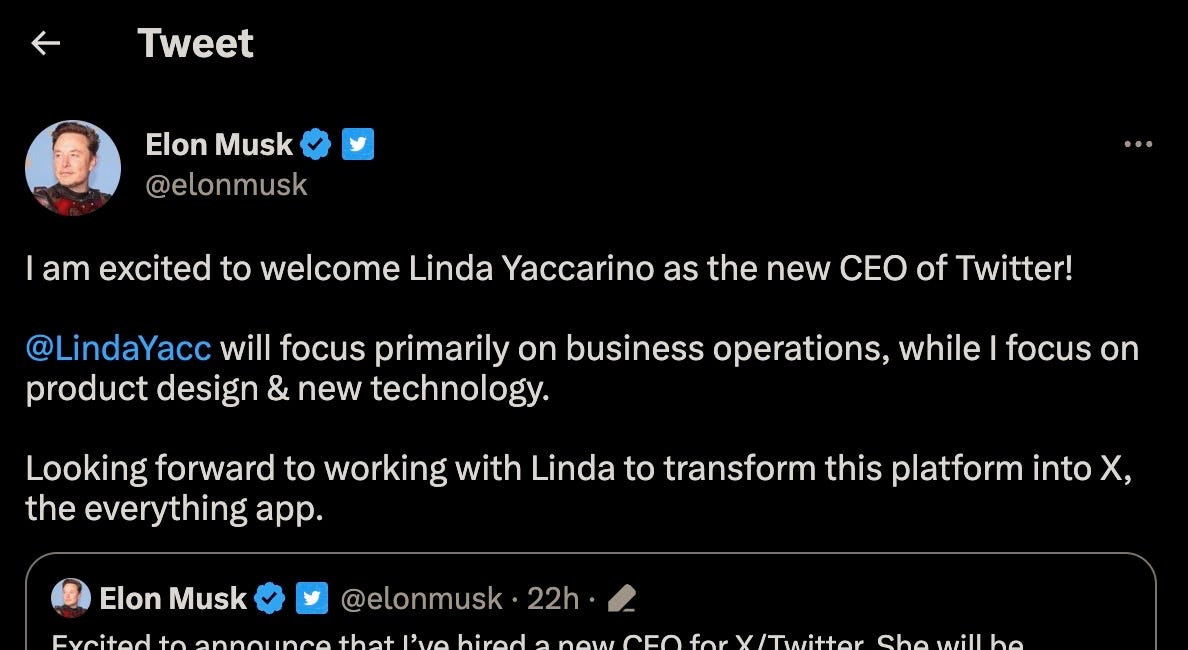 PSYOP-MUSK Welcomes WEF "Penetrator" Puppet Linda Yaccarino as the New CEO of Twitter