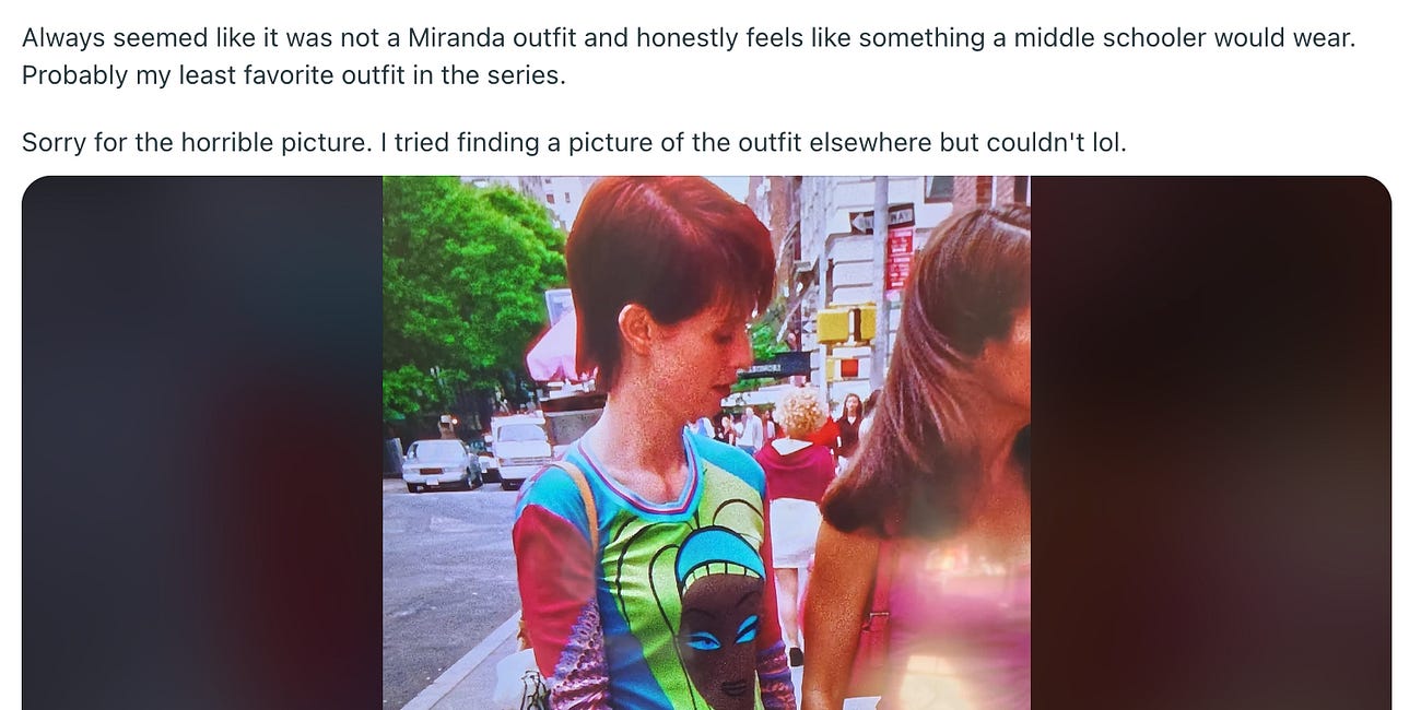 why miranda is the only SATC character who could pull off this custo barcelona top 