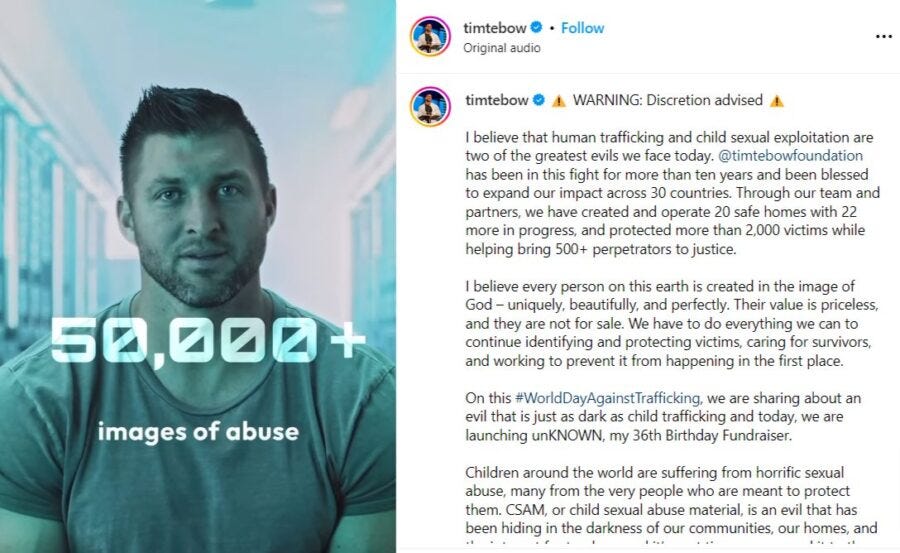 Tim Tebow’s Foundation Has Helped Bring Over 500 Human Trafficking Perpetrators to Justice