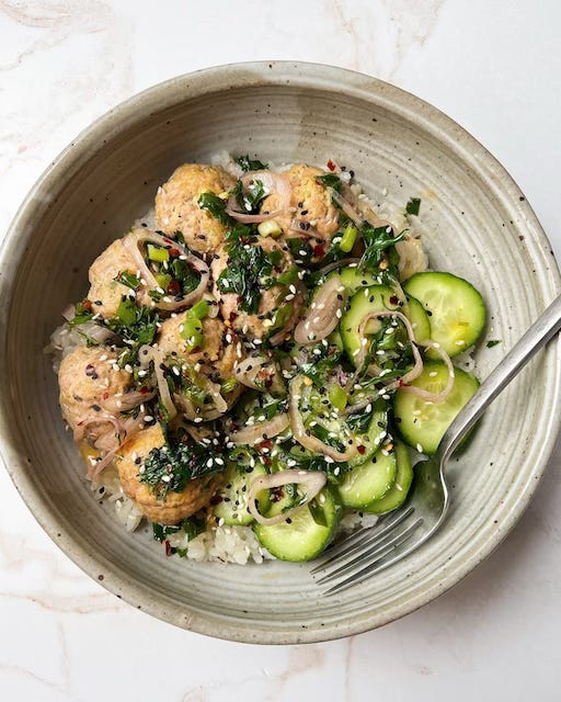 Turkey Meatballs with Sizzled Scallion Sauce & Coconut Rice