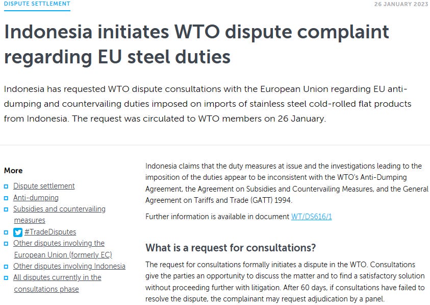 [BREAKING] Near Freeport-McMoran site, Indonesia Government [re]submit or initiate WTO dispute complaint regarding EU imposed stainless-steel cold-rolled 