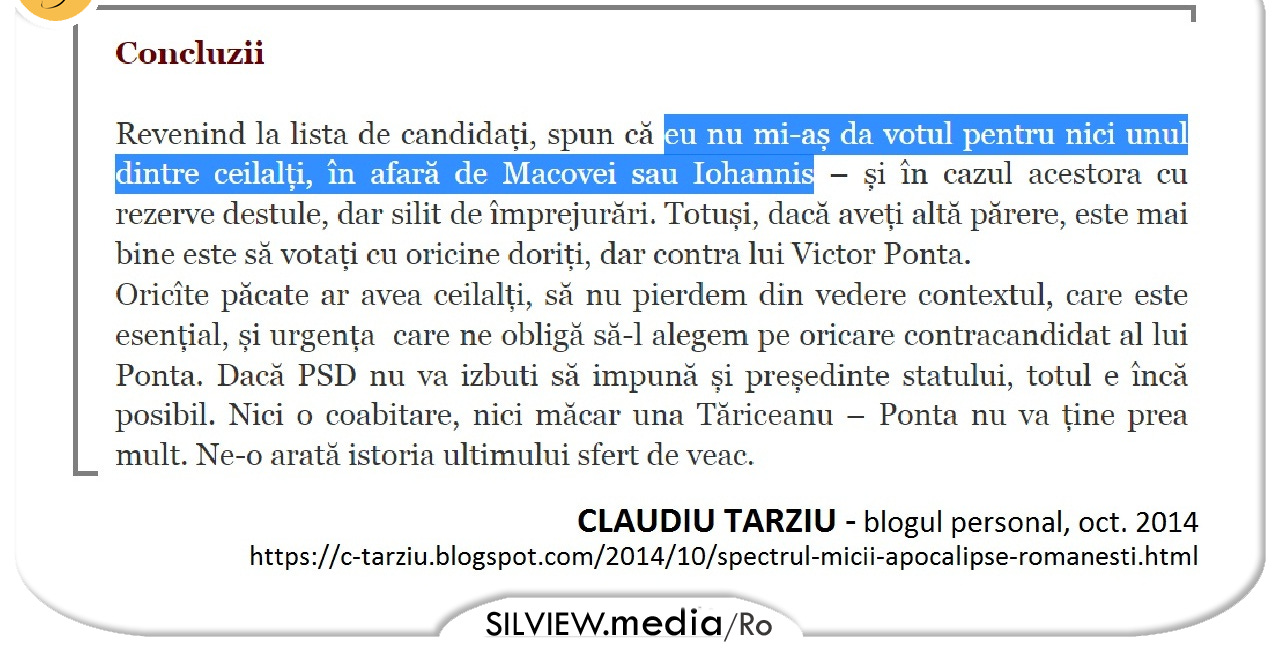 Claudiu Tarziu: "Eu nu mi-aș da votul decat pentru Macovei sau Iohannis"