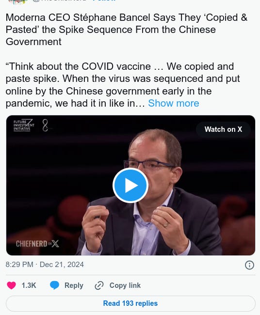 Moderna CEO: "We Never Had Access to the Physical Virus to Design the Product.”