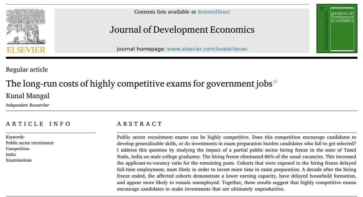 The Long-Run Costs of Highly Competitive Exams for Government Jobs