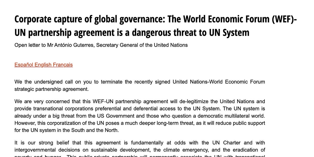 The open letter that condemned the 2019 WEF–UN Partnership