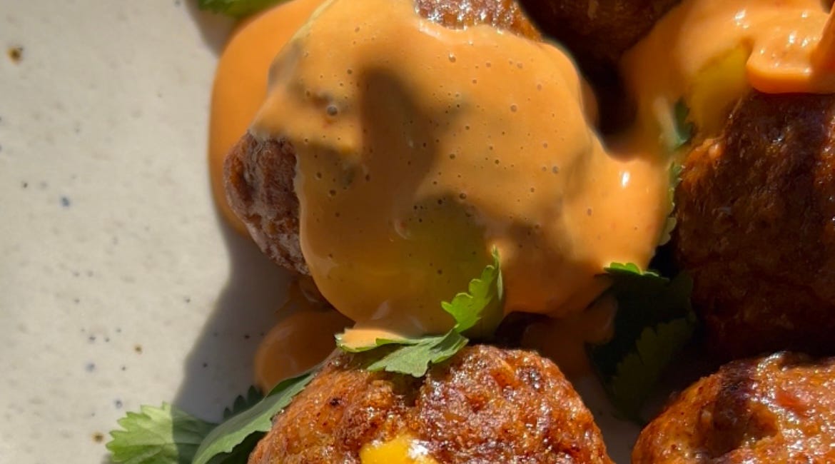 6 ingredient cheddar stuffed chili meatballs