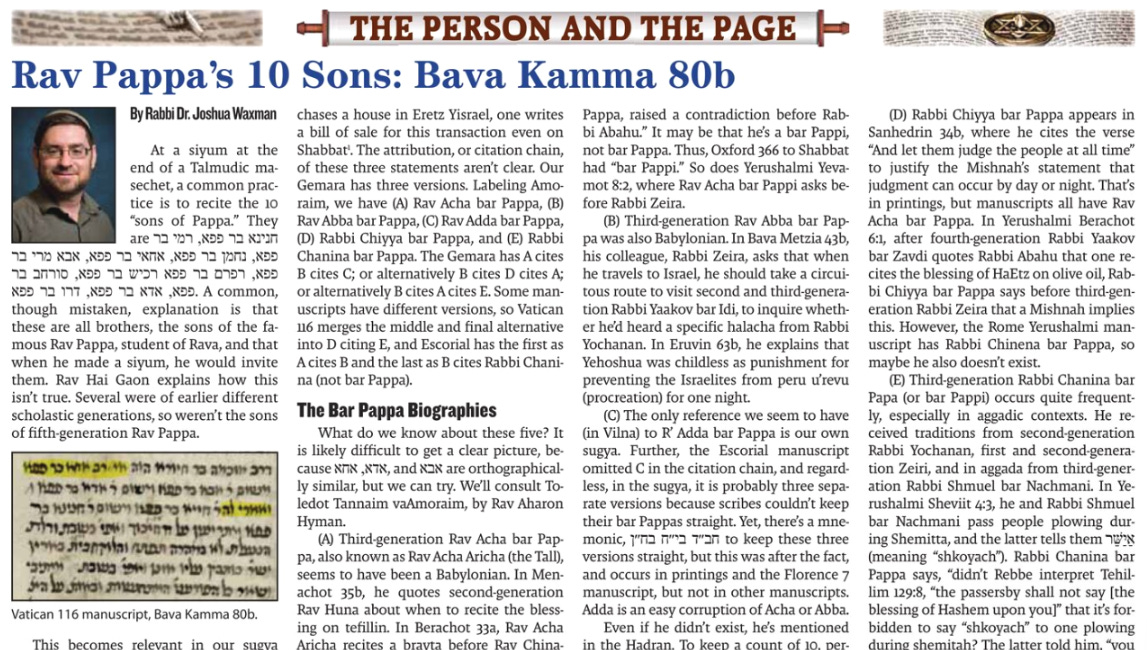 Rav Pappa's Ten Sons (article summary)