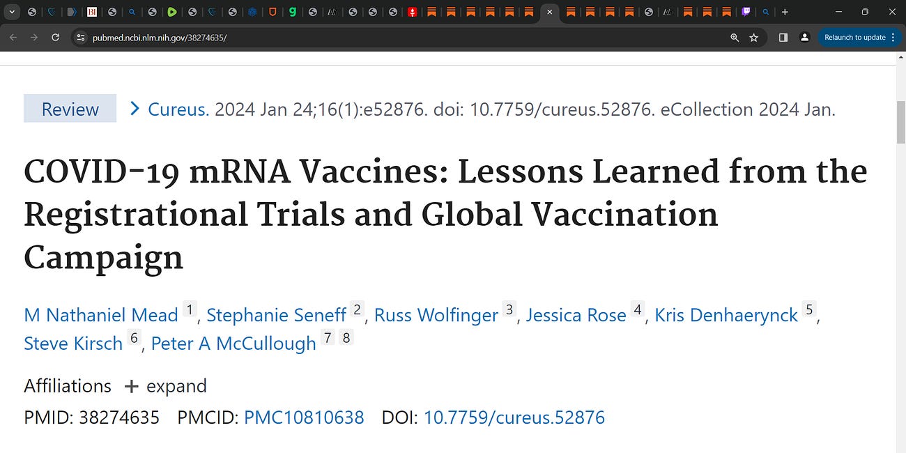 Excellent paper in Cureus by McCullough & Seneff et al.; see below BUT I remind my colleagues that some language used in abstract is very troubling as it opens doors for EXCEPTIONS of mRNA vaccine use