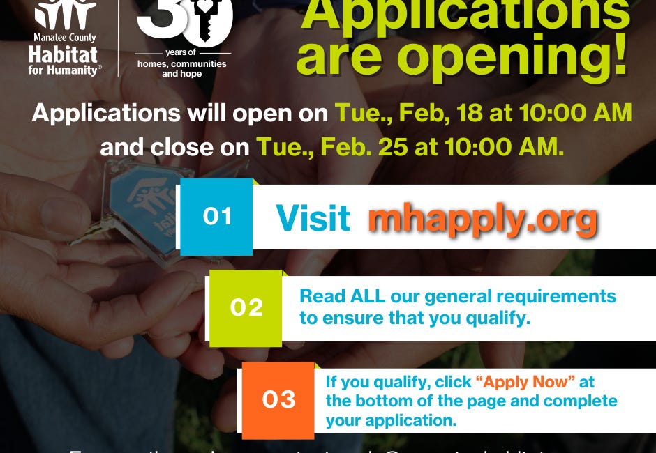 Manatee County Habitat for Humanity Opens Applications for Affordable Homeownership