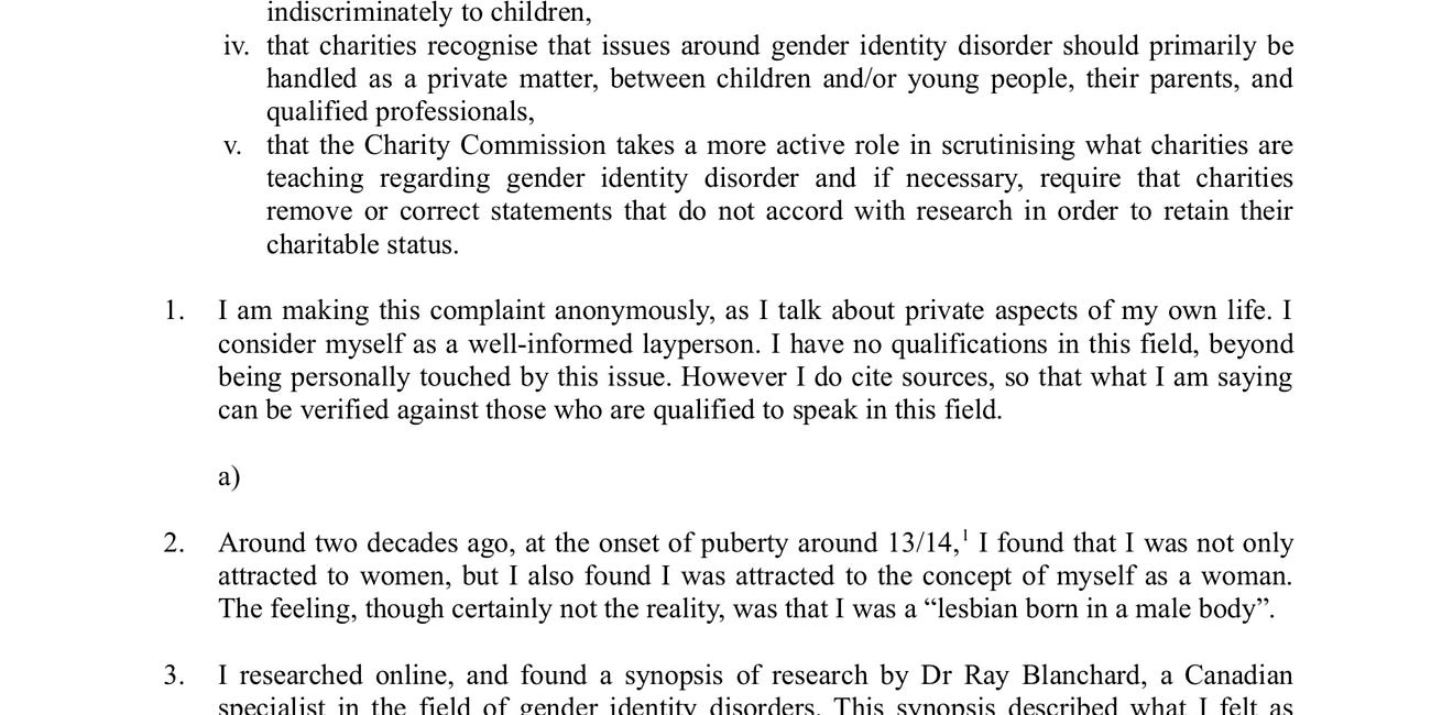 Complaint to the Charity Commission regarding Stonewall, Gendered Intelligence, GIRES, The Proud Trust and the NSPCC.