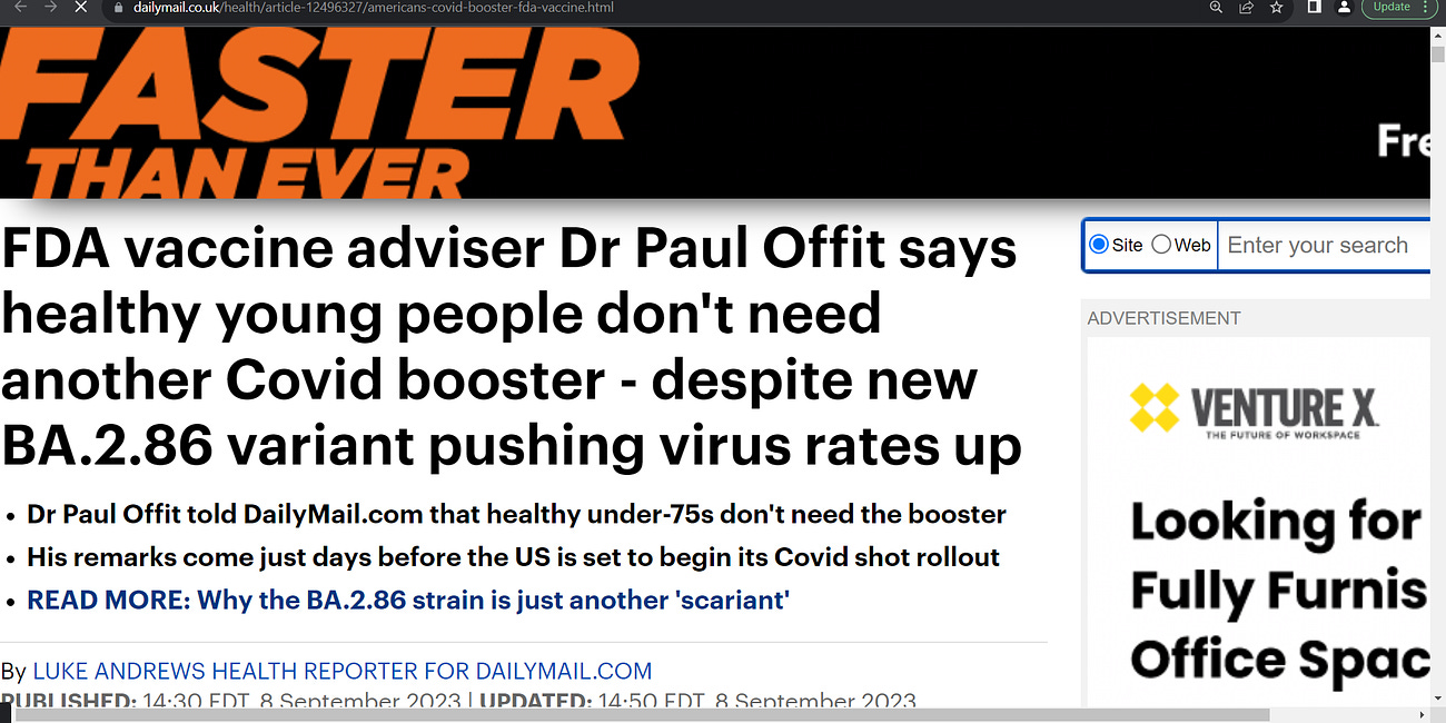 FDA's vaccine advisor Dr. Paul Offit wants off of the '20 Horsemen of the COVID Apocalypse' list I am told, so now he says "healthy young people don't need another Covid booster"; hhhmmm, should we?