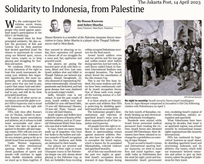 "Solidarity to Indonesia, from Palestine" (“Solidaritas untuk Indonesia, dari Palestina”)
