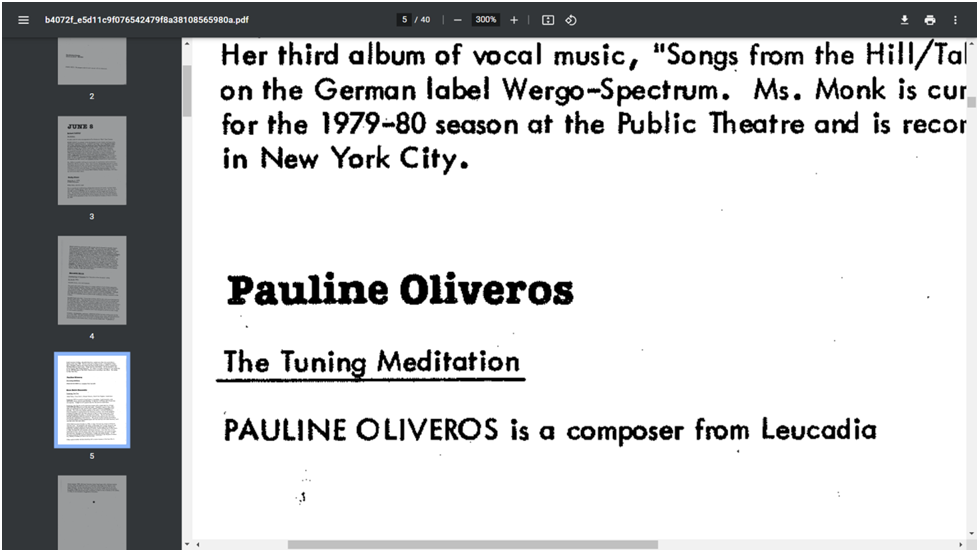 June 8, 1979 - New Music New York day 1: Pauline Oliveros "The Tuning Meditation" at the Kitchen