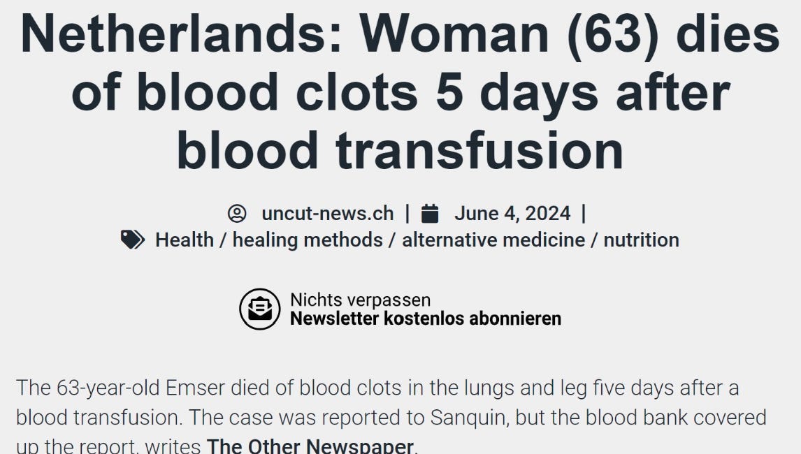 Netherlands: Woman (63) Dies From Blood Clots 5 Days After Blood Transfusion 