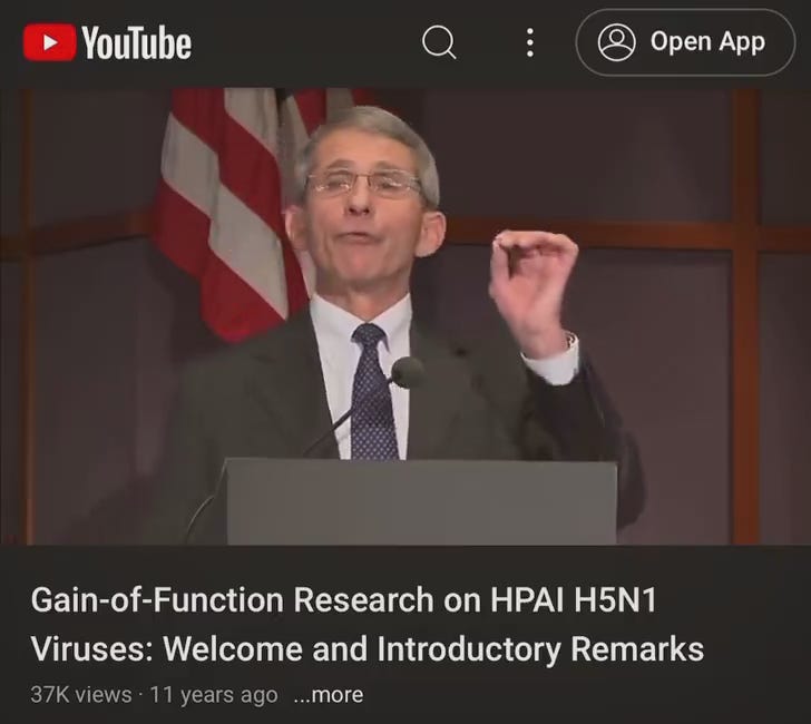 Anthony Fauci details H5N1 gain of function research from his position at the NIH (video)