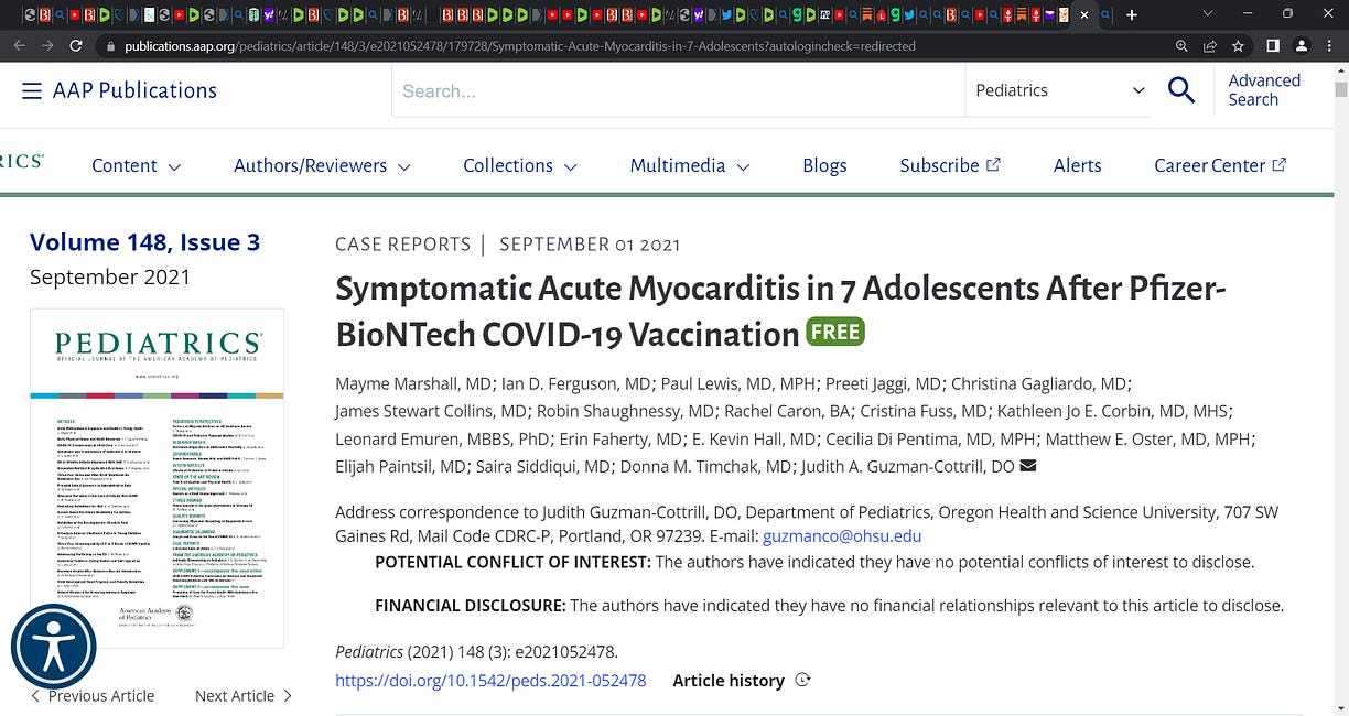 7 adolescents with Symptomatic Acute Myocarditis After Pfizer-BioNTech COVID-19 mRNA technology based gene Vaccination; who will be held responsible? CDC? NIH? FDA? Health Canada? PHAC? SAGE? 