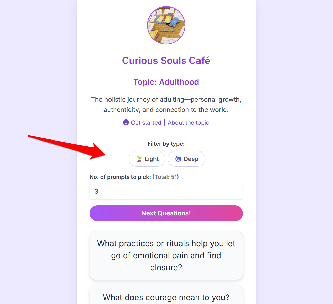 A screenshot of the Curious Souls Café web app showing filters for 'light' and 'deep' questions.