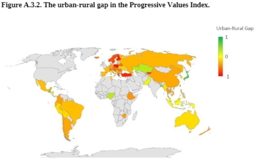 Red = cities are further left. Green = rural areas further left.
