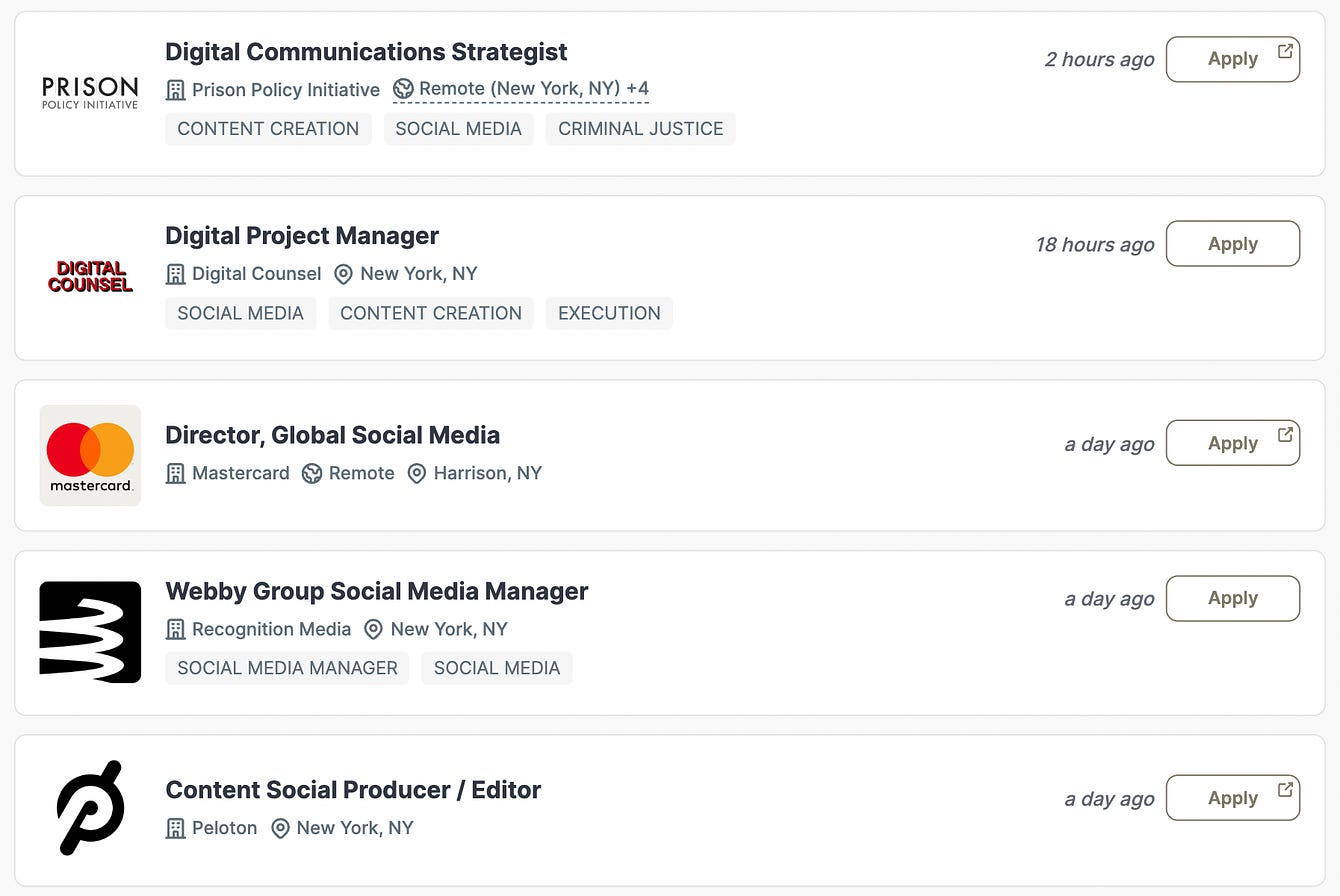 Screenshot of the Link in Bio job board with listings from Digital Counsel, Mastercard, Webby's, and more. Screenshot of the Link in Bio job board with listings from Digital Counsel, Mastercard, Webby's, and more.