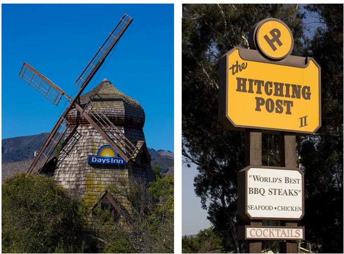 The Sideways Inn and the Hitching Post, both located in Buellton, California.