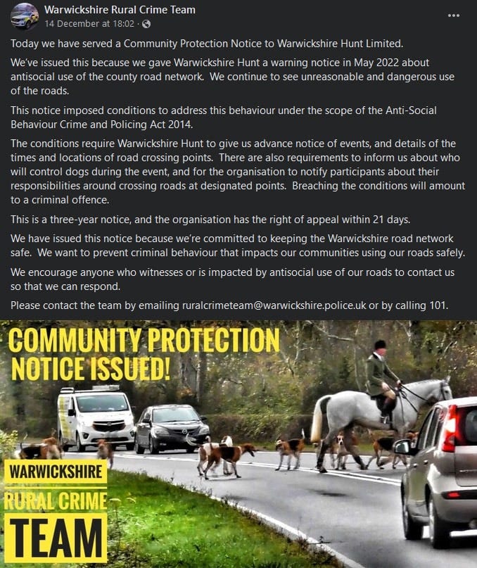 Facebook post by Warwickshire Rural Crime Team announcing the CPN.