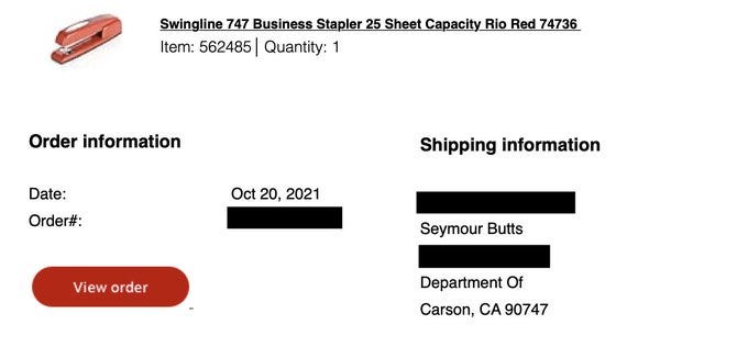 screen capture of a order of a swing line stapler being delivered to Seymour butts dated Oct 20, 2021
