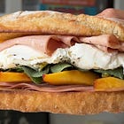 Mortadella, Burrata, Basil, Peaches & Chunky Honey Pistachio Sandwich