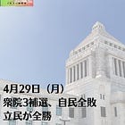 4月29日（月）衆院3補選、自民全敗 立民が全勝