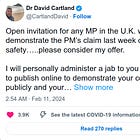 Dr. Cartland Offers To Administer COVID Jab on Camera to Any UK MP “Who Would Like To Demonstrate the PM’s Claim Last Week of COVID Jab Safety”
